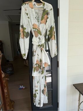 Juan De Dios Hojarasca Wrap Dress. White/guava, eyelet,  cover up. L/XL